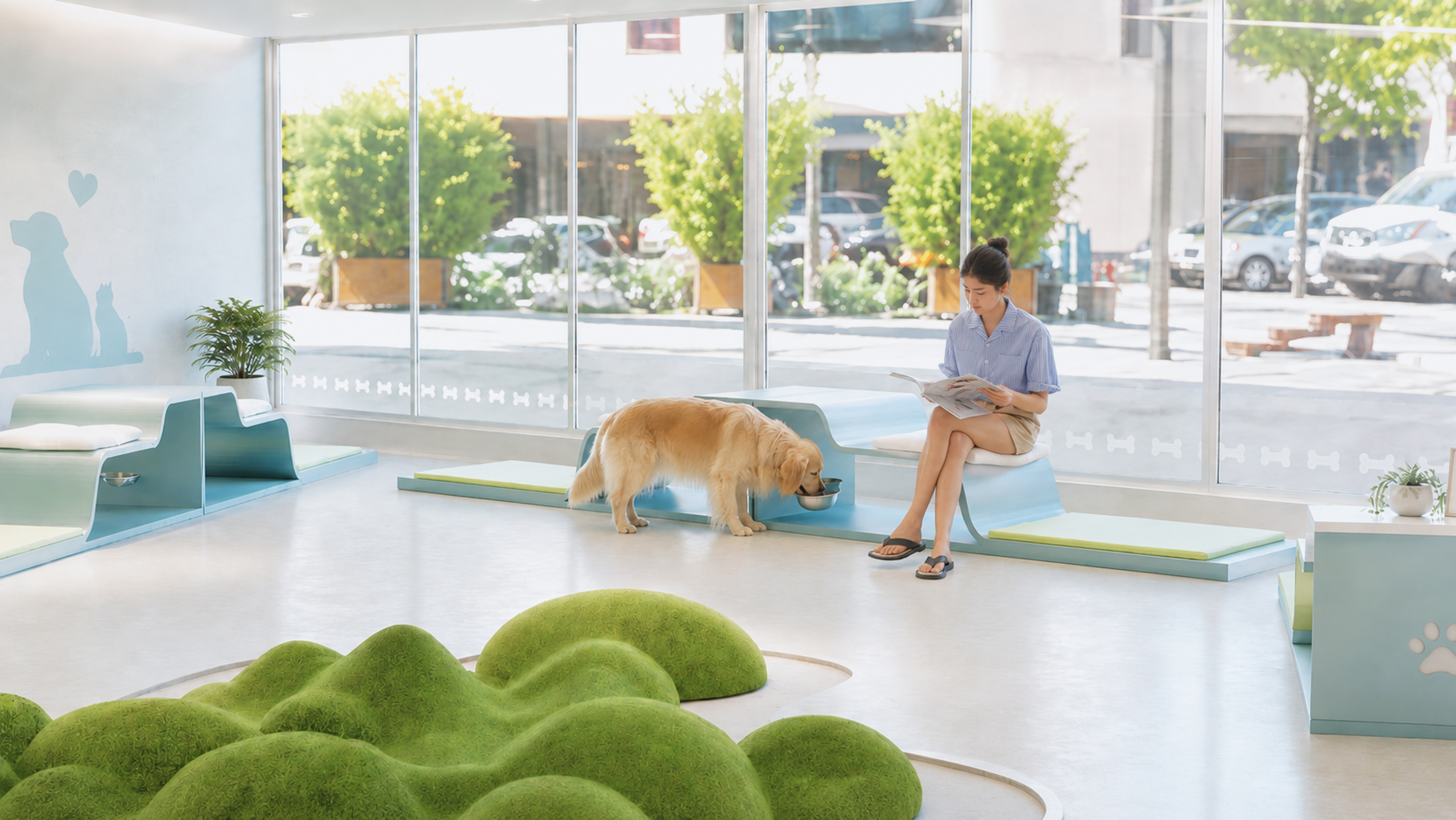 Pet-friendly waiting furniture combining human and animal seating