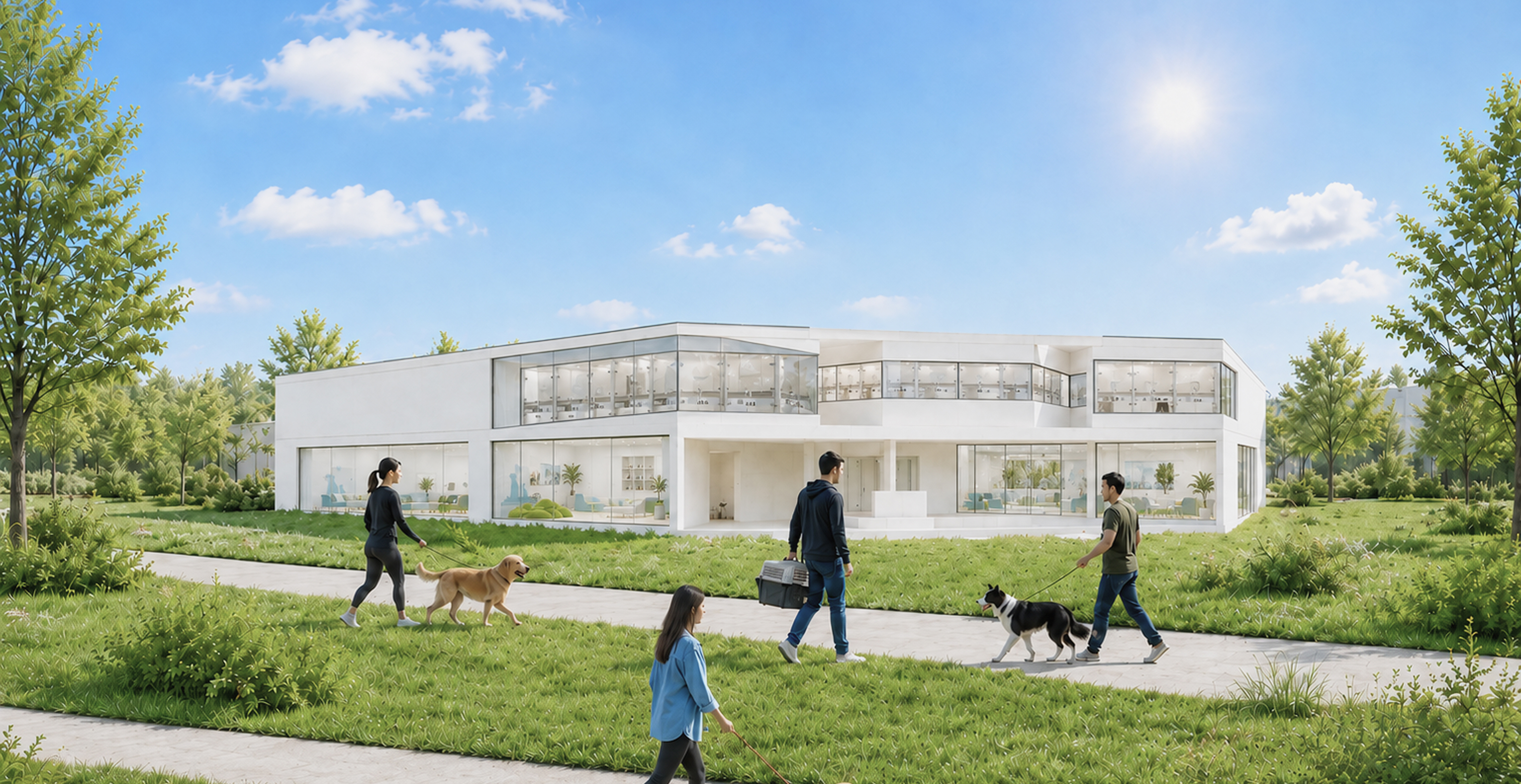 Illustrated exterior of the proposed animal-centered veterinary clinic