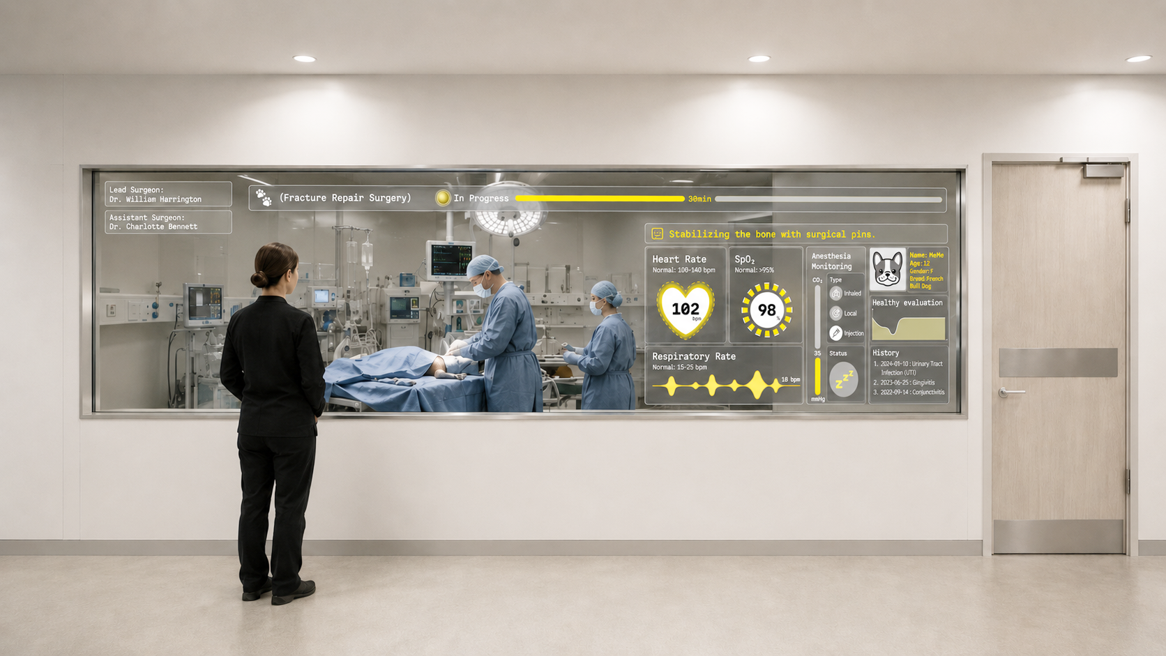 Operating room external display concept showing surgery progress and vital information